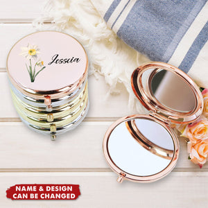 Custom Compact Mirror with Birth Flower, Personalized Name Pocket Mirror