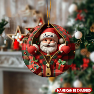 Funny Zipper Plaid Santa Personalized Christmas Ceramic Ornament
