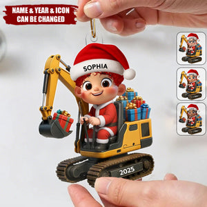 Cartoon Kid And Christmas Excavator Personalized Acrylic Ornament, Christmas Gift For Grandkids, Kids