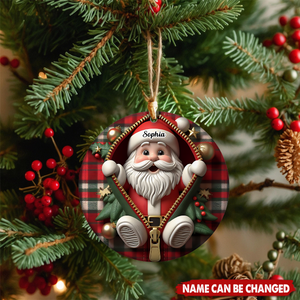 Funny Zipper Plaid Santa Personalized Christmas Ceramic Ornament