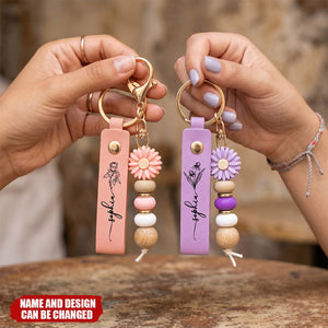 Daisy Charm & Floral Line Art - Personalised PU Leather Keychain