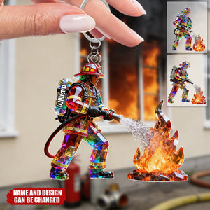 Firefighter Figurine Stained Glass Crystal Effect - Personalized Keychain