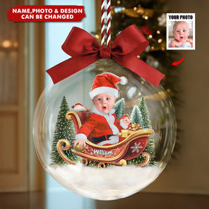 Custom Photo Baby And Kid In Sleigh - Personalized Christmas Acrylic Ornament