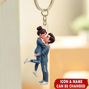 Romantic Hugging kissing Couple - Personalized 2-Layered Acrylic Keychain