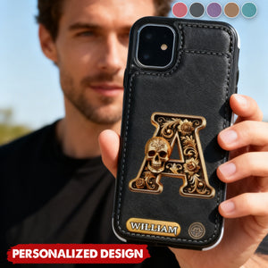 Skull Name Initial Letter - Personalized Skull Printed Wallet Phone Case