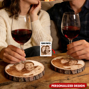 Personalized Photo Wood Coaster, Custom Engraved Couple Coaster, Valentine's Day Gift For Him, For Her
