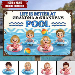Life is Better at Grandma & Grandpa Pool Personalized Metal Sign, Grandchildren Welcome Sign