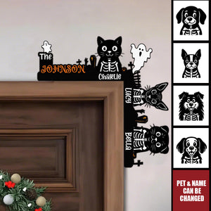 Halloween Skeleton Pet With Custom Family Name - Personalized Door Corner Wood Sign