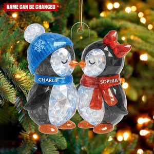Christmas Penguins Couple Crystal Effect Personalized Acrylic Ornament - Heartwarming Christmas Gift for Couple
