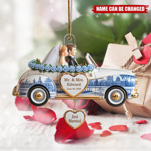 Personalized Just Married Toile de Jouy Ornament, Wedding Gifts For Couple, Mr and Mrs, First Christmas Married, Newlywed Car