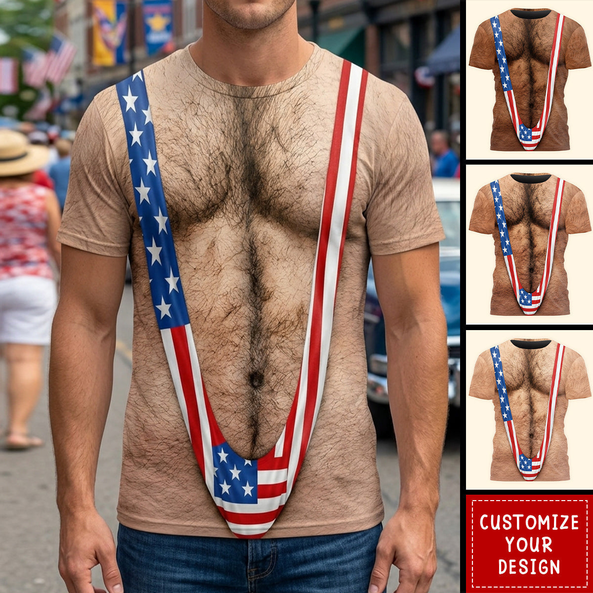 3D Hairy Body Swimsuit For For Men, Funny Patriotic - Personalized Shirt