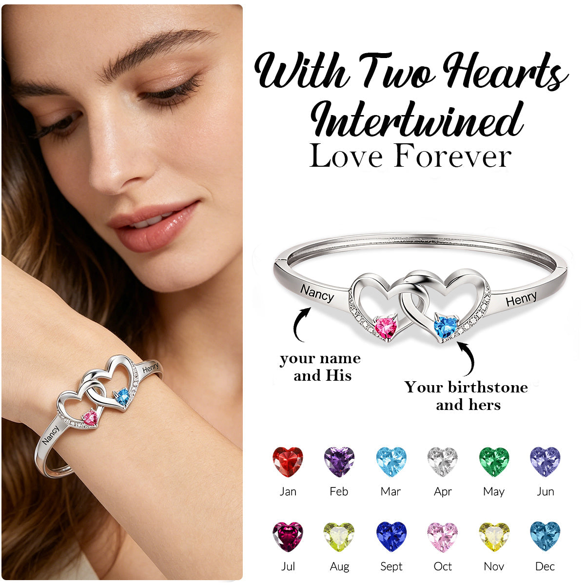Personalized Double Heart Birthstone Bangle for Women, Custom Name Engraved