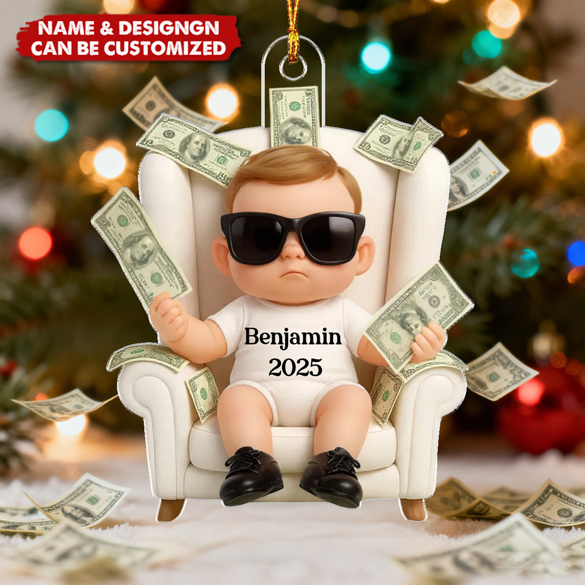 Funny Kid With Dollar Personalized Acrylic Ornament, Christmas Gift For Kids, Grandkids
