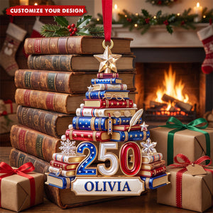 Book Stack Christmas Tree Ornament - Personalized 250th Anniversary Gift For Book Lovers