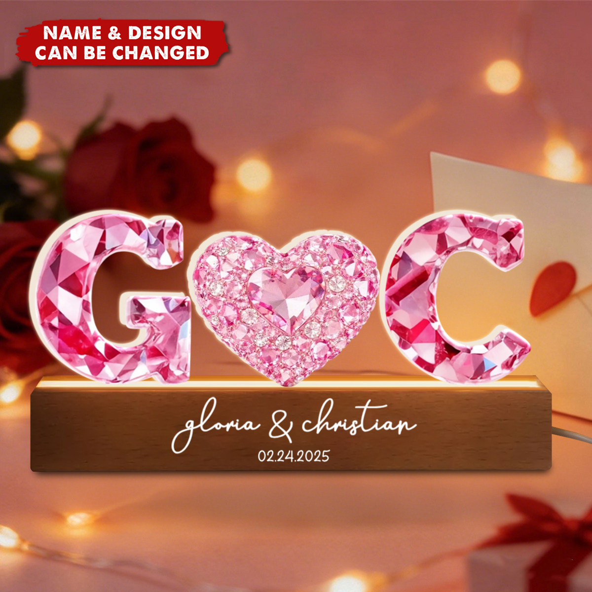 Couple Love Initial - Personalized Acrylic Block LED Night Light - Anniversary, Valentine's Day Gift for her, for him