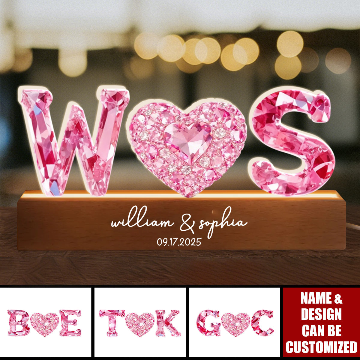 Couple Love Initial - Personalized Acrylic Block LED Night Light - Anniversary, Valentine's Day Gift for her, for him