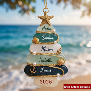 Custom Sea Glass Tree Ornament, Personalized Beach Family Christmas Decor