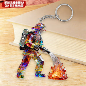 Firefighter Figurine Stained Glass Crystal Effect  - Personalized Keychain