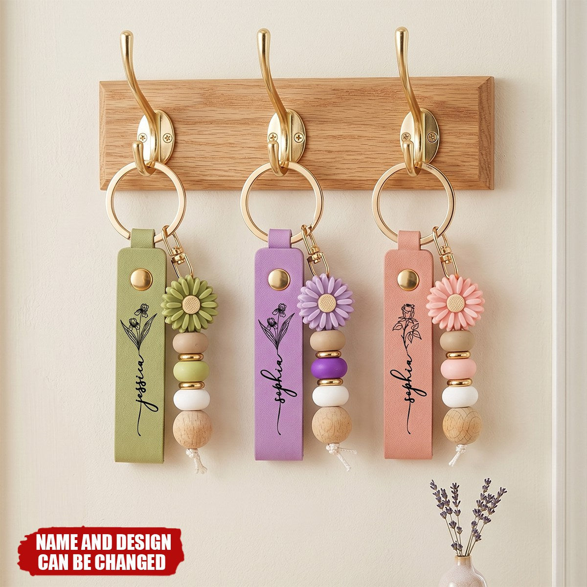 Daisy Charm & Floral Line Art - Personalised PU Leather Keychain