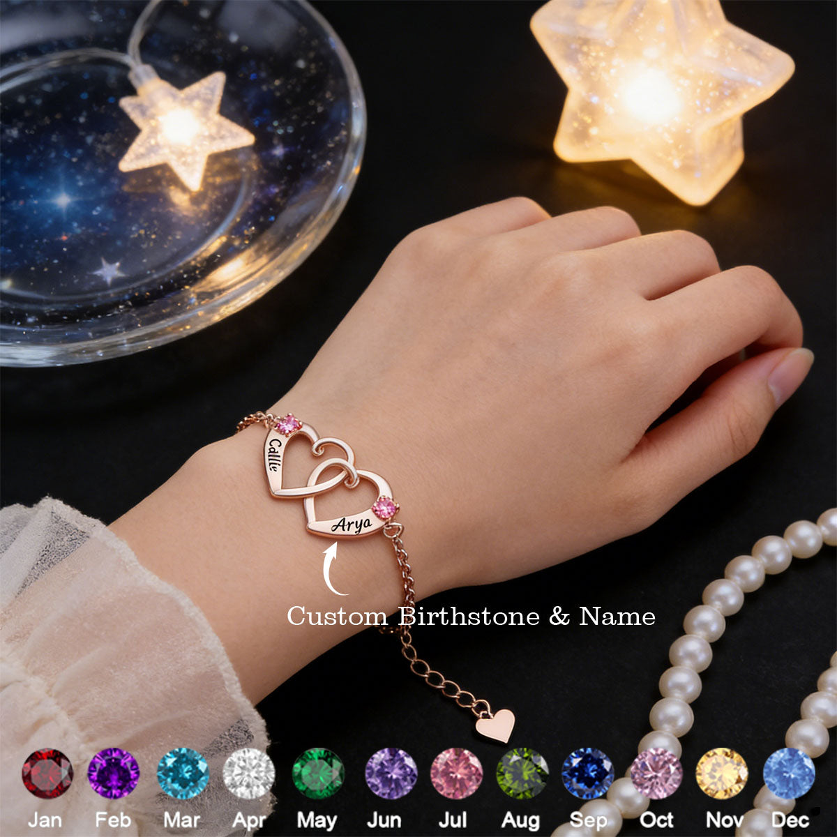 Double Birthstone Heart - Personalised Birthstone Beautiful Bracelet