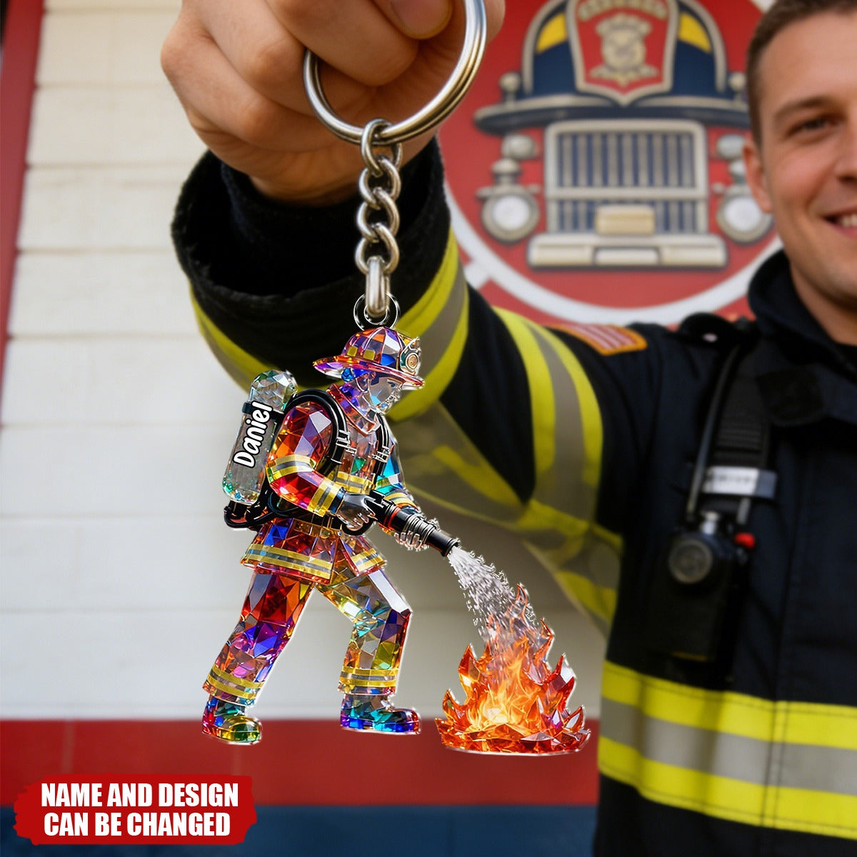 Firefighter Figurine Stained Glass Crystal Effect  - Personalized Keychain