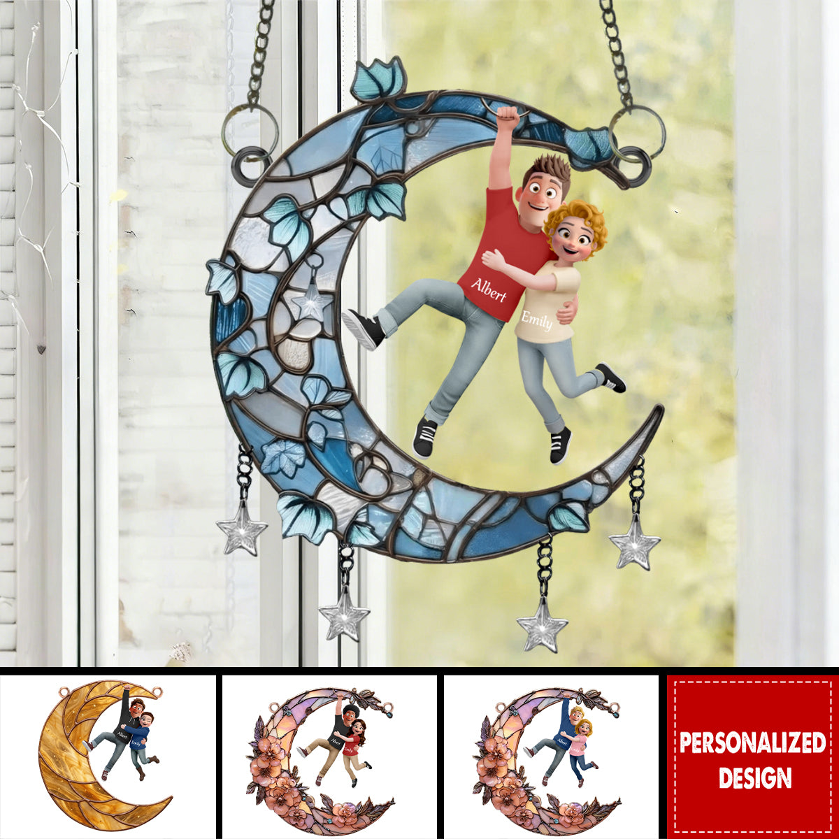 Fun Hanging Couple Moon - Personalized Window Hanging Suncatcher Ornament