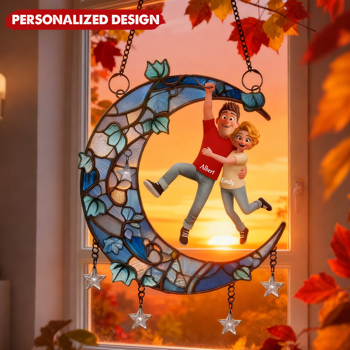 Fun Hanging Couple Moon - Personalized Window Hanging Suncatcher Ornament