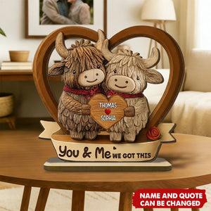 3D Effect Highland Cows Couple Heart - Personalized 2-Layered Wooden Plaque - Anniversary, Valentine Gift For Him, Gift For Her