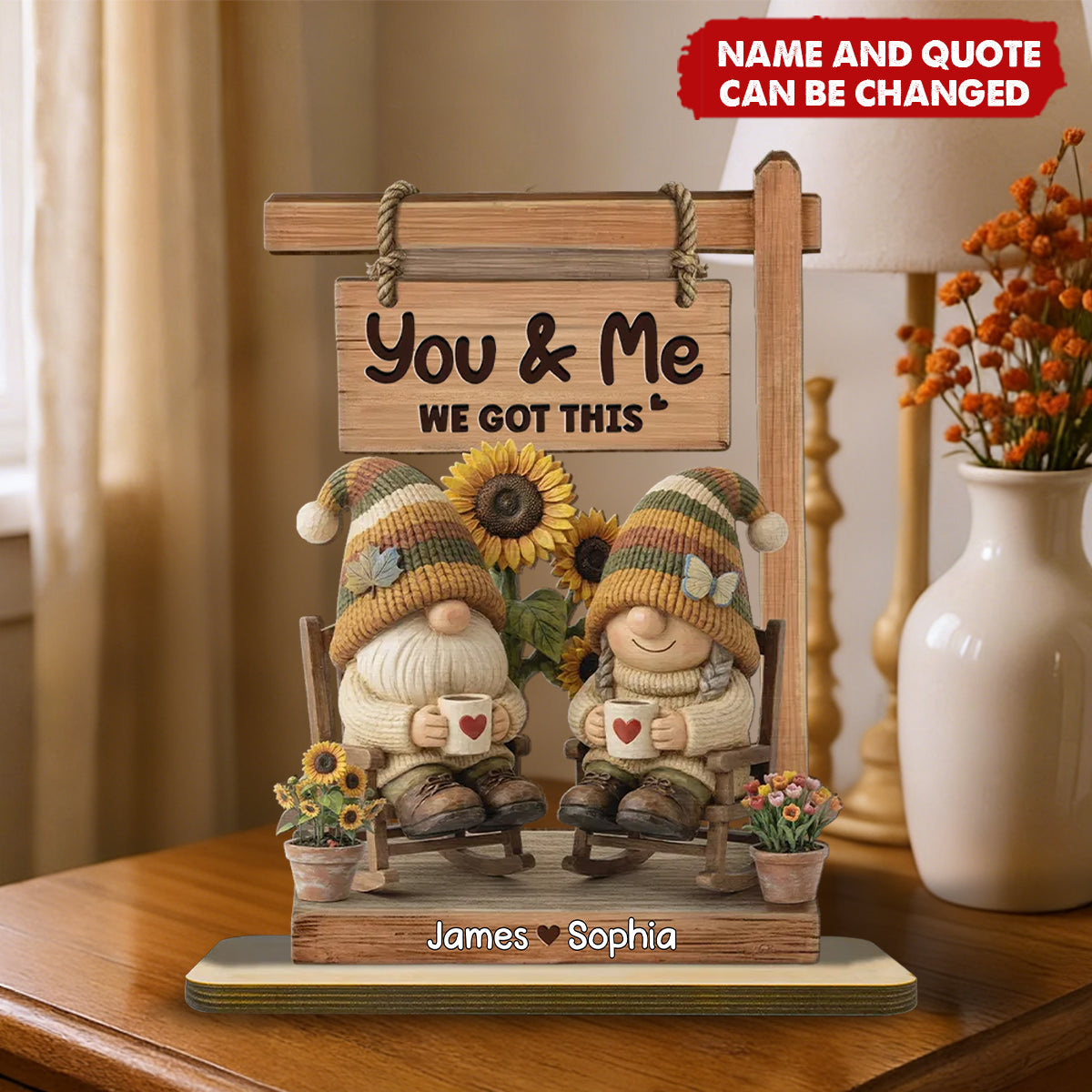 3D Effect Dwarf Couple Sitting On Rocking Chair - Personalized 2-Layered Wooden Plaque - Anniversary, Valentine's Day Gift For Him, Gift For Her