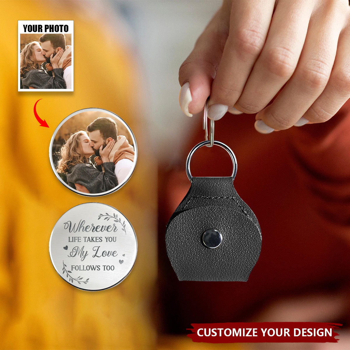 Custom Photo Gift For Couple - Personalized Leather Pocket Hug Keychain