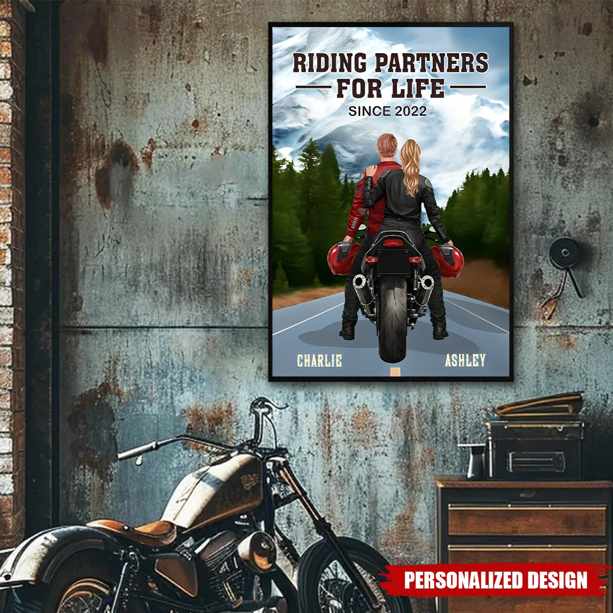 Figure Couple Bikers Riding Partners For Life ersonalized Poster, Gift for Couple, Him, Gift for Her