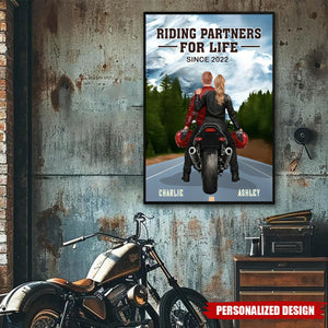 Figure Couple Bikers Riding Partners For Life ersonalized Poster, Gift for Couple, Him, Gift for Her