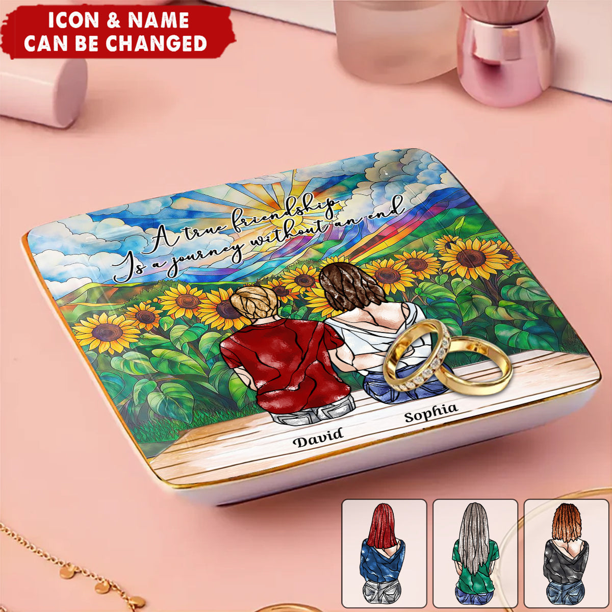 A True Friendship Is A Journey Without An End Stained Glass Style - Personalized Jewelry Dish