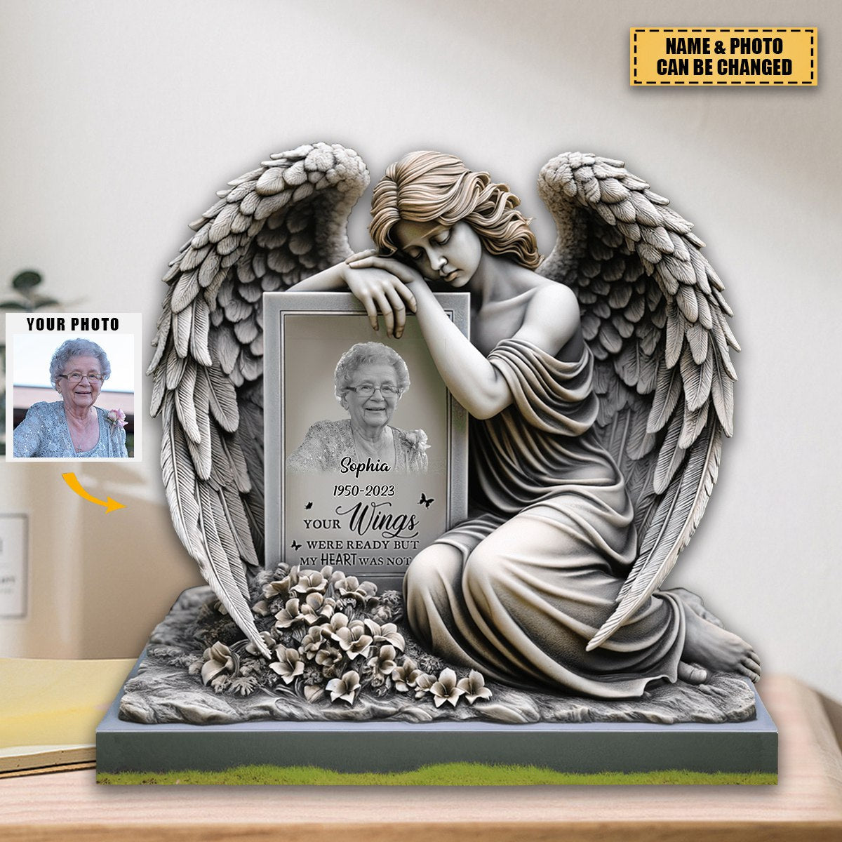 Personalized Memorial Upload Photo Angel Wings, The Moment Your Heart Stopped Mine Changed Forever Acrylic Plaque