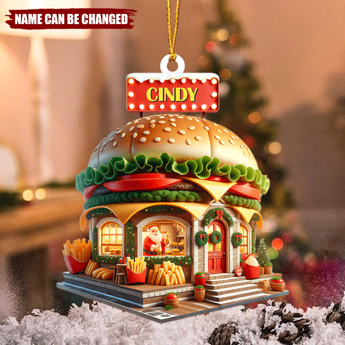 Personalized Name Burger Ornament, Burger Lover Christmas Gift