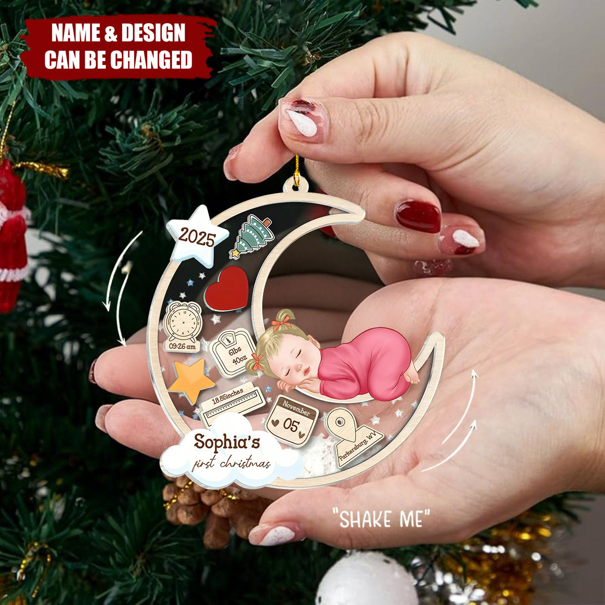 Baby Sleeping On Moon First Christmas Personalized 4D Shaker Ornament