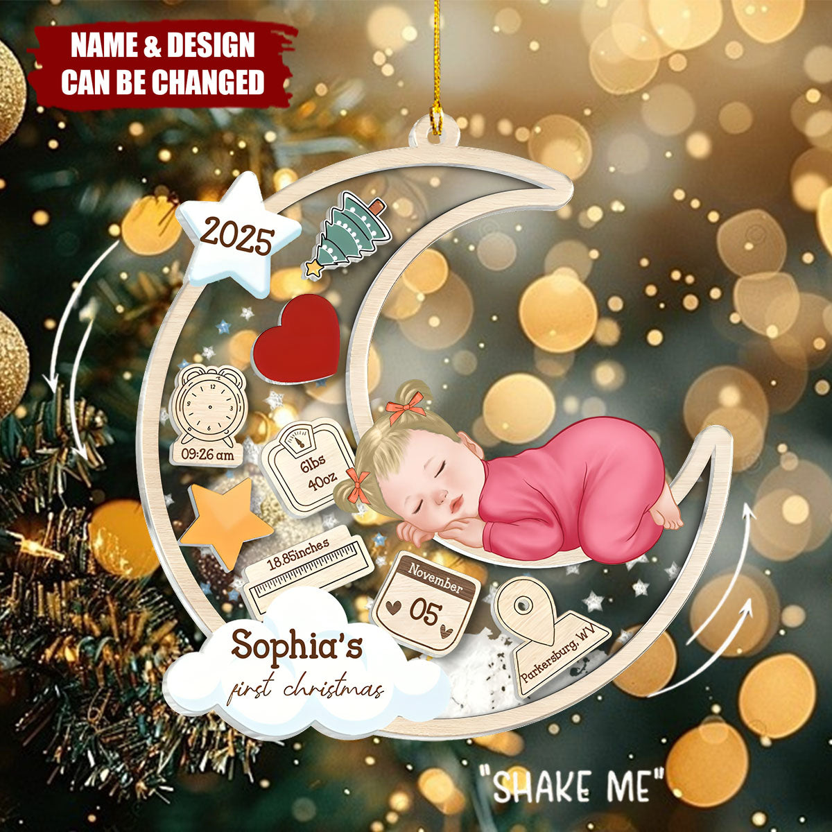 Baby Sleeping On Moon First Christmas Personalized 4D Shaker Ornament