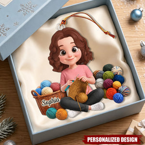 Personalized Crochet Girl Christmas Ornament - Knitting Lover Hanging Decoration