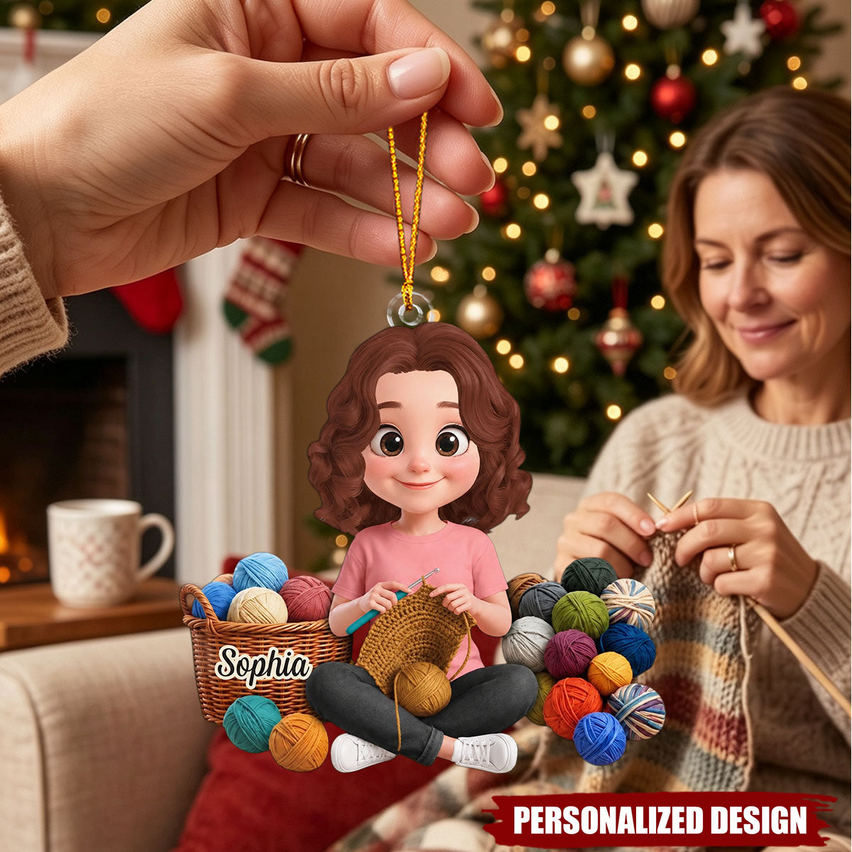 Personalized Crochet Girl Christmas Ornament - Knitting Lover Hanging Decoration
