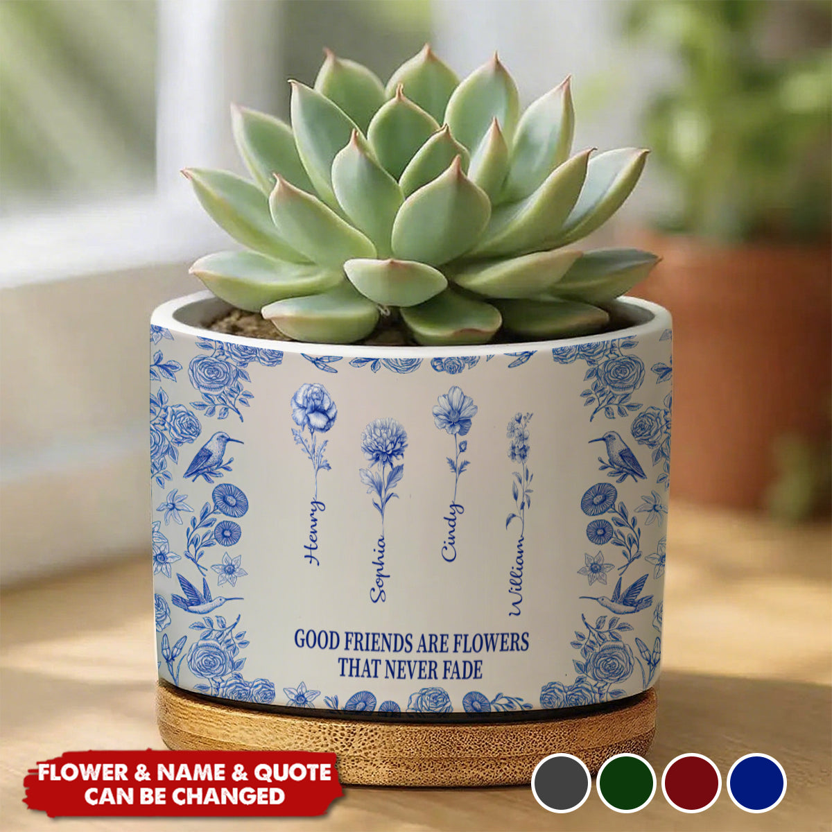 Toile De Jouy Birth Flower Grow An Old Friend - Personalized Ceramic Plant Pot