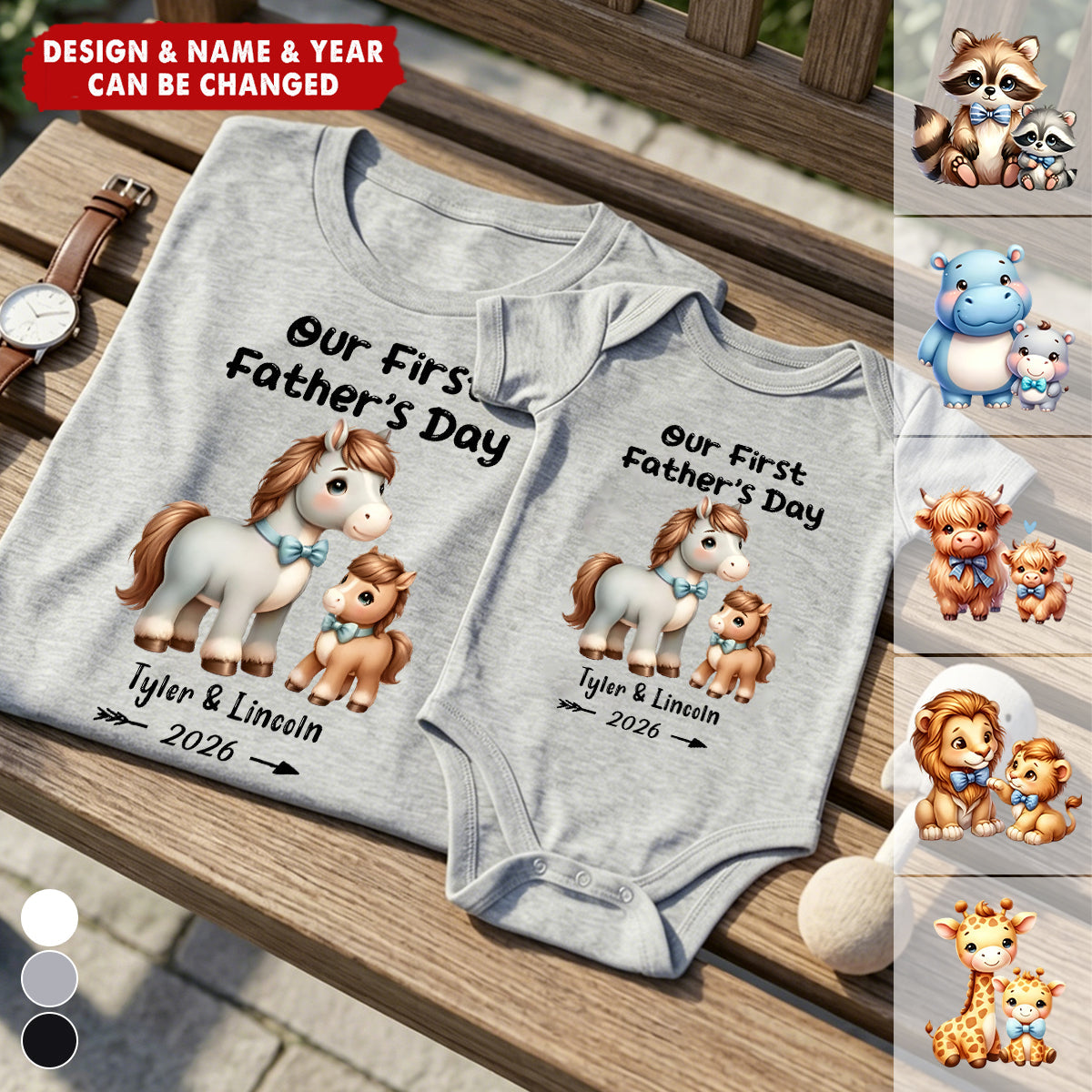 Personalized Cute Bear Our First Father's Day T-shirt Baby Bodysuit - Birthday Gift for Baby Daddy