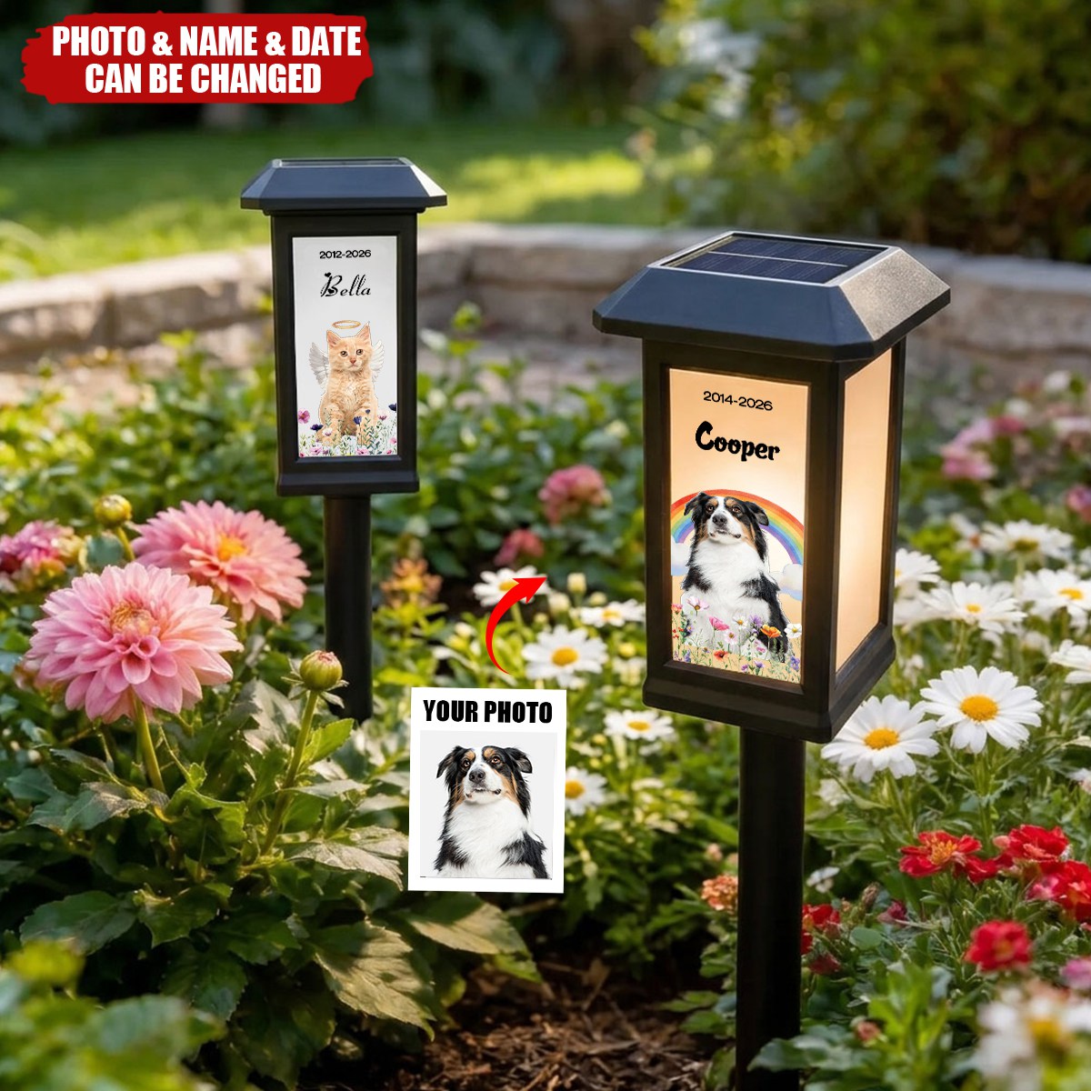 Personalized Pet Photo Flower Rainbow Angel Wing Solar Garden Light - Garden Decor Memorial Sympathy Gift for Family Pet Owner