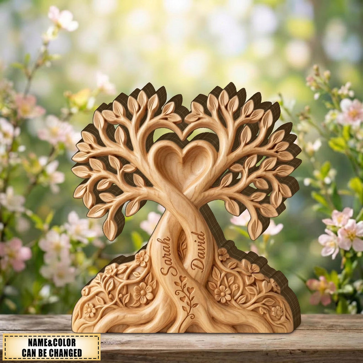 Personalized Wooden Tree of Love Plaque, Custom Couple Wooden Block, Rustic Tree Trunk Heart Sign