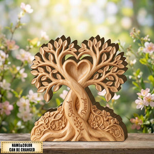 Personalized Wooden Tree of Love Plaque, Custom Couple Wooden Block, Rustic Tree Trunk Heart Sign