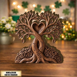 Personalized Wooden Tree of Love Plaque, Custom Couple Wooden Block, Rustic Tree Trunk Heart Sign