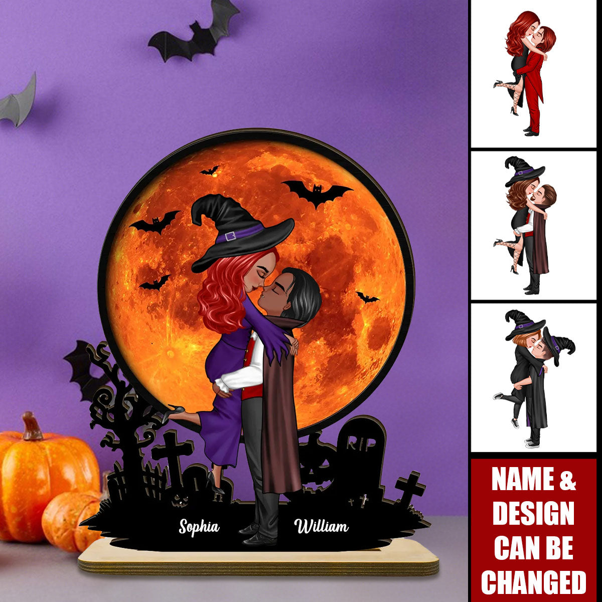Couple Hugging Under Halloween Moon Personalized 2-Layer Wooden Plaque