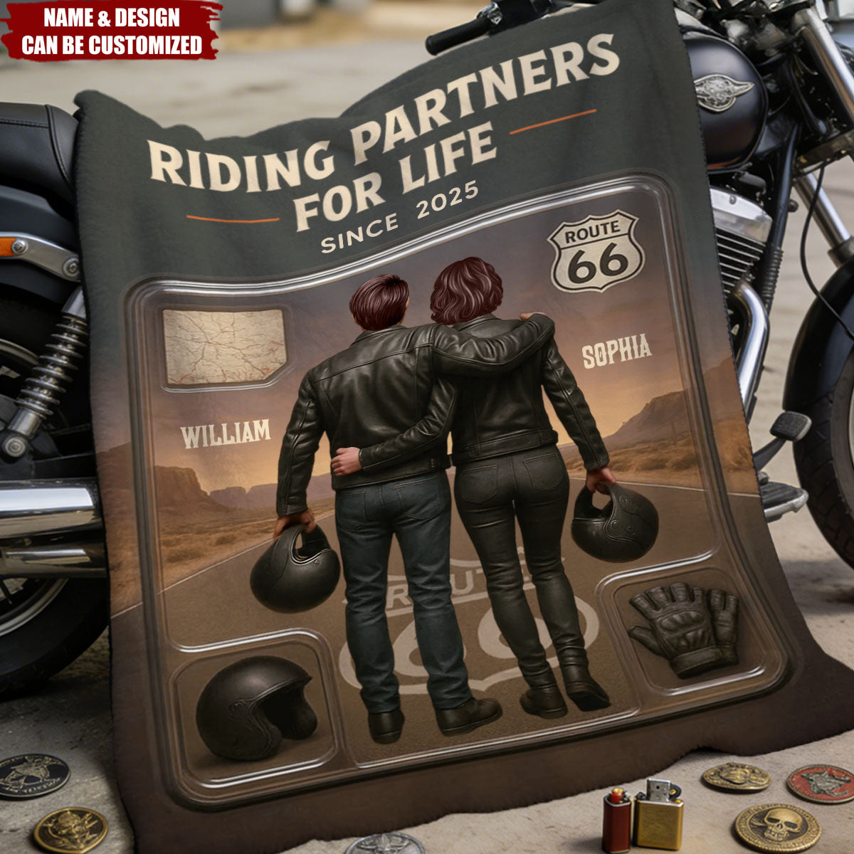 Custom Figure Couple Bikers Riding Partners For Life - Personalized blanket