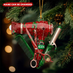 Personalized hairstylist tool christmas ornament, hairdresser barber gift, scissors blow dryer comb salon decor