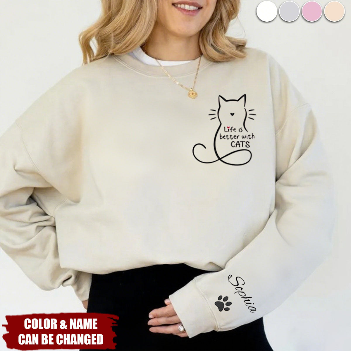 Sweatshirt With Design On Sleeve - Personalized Birthday Gifts For Cat Lovers, Cat Mom And Dad - Home Smells Like Cat Fur