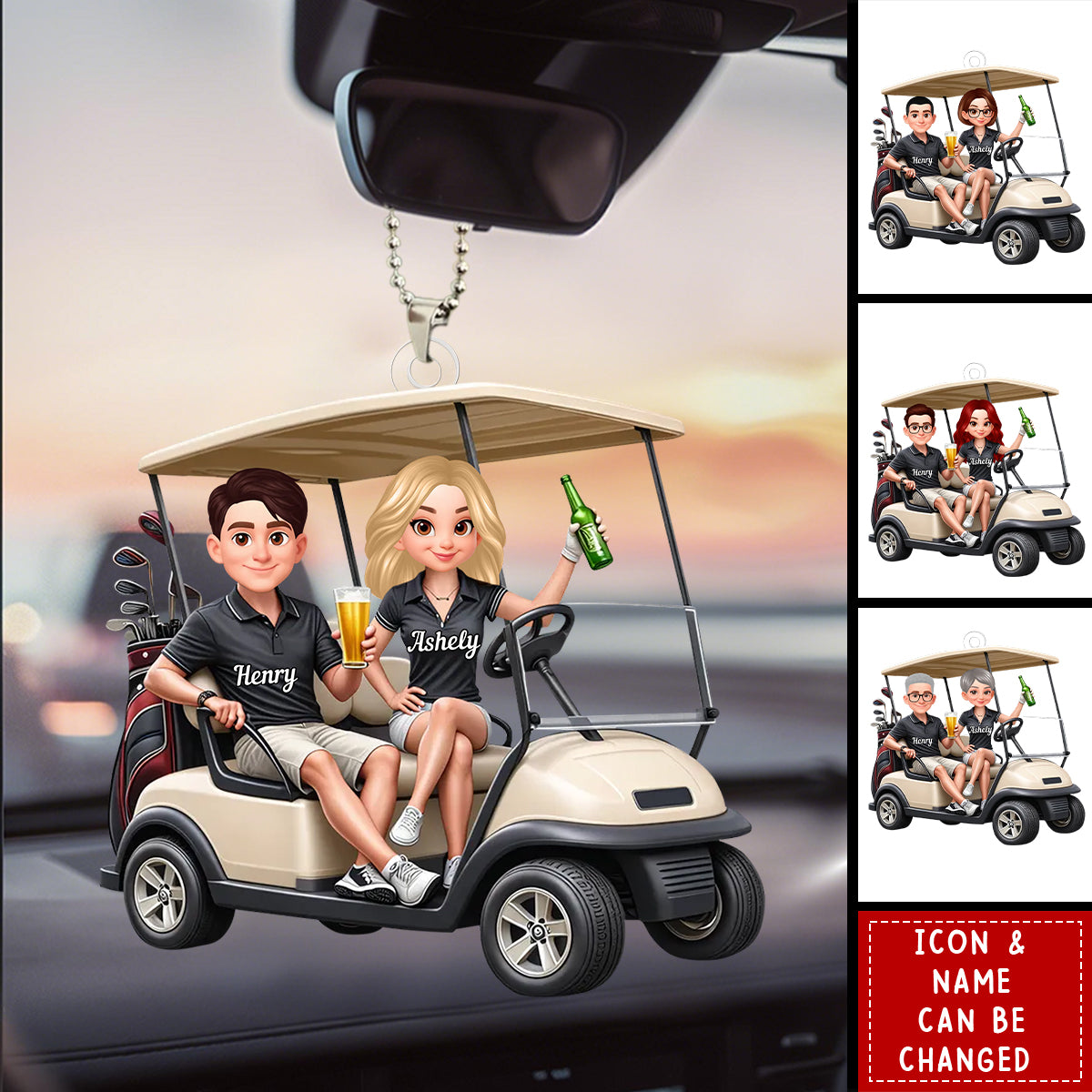 Funny Golf Couple - Personalized Car Hanger - Gift for Couple
